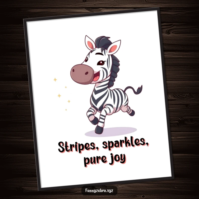 Funny Free Printable Wall Art: A zebra gallops joyfully with a wide grin, leaving a trail of glitter.