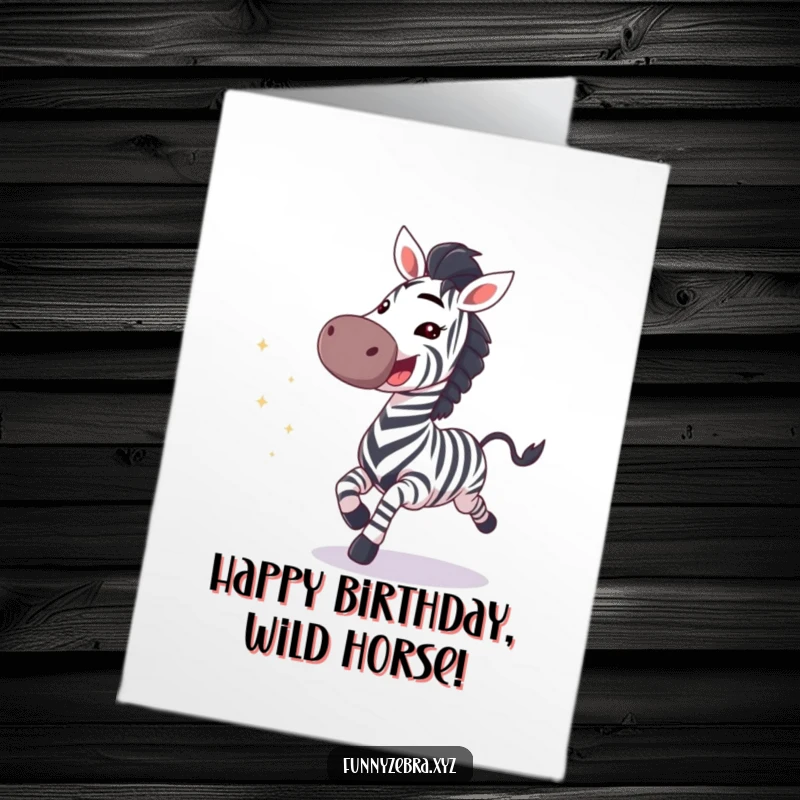 Funny Free Printable Birthday Card: Zebra galloping with a wide grin, trailing sparkles for a festive birthday.