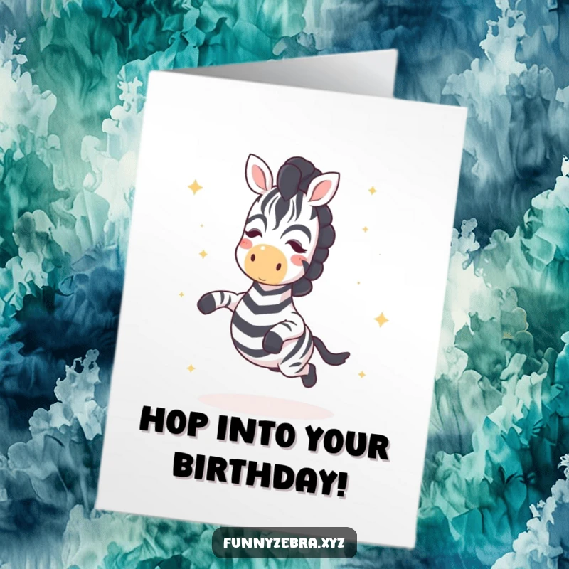Funny Free Printable Birthday Card: Cute kawaii zebra doing a joyful little hop, surrounded by twinkling star sprinkles.