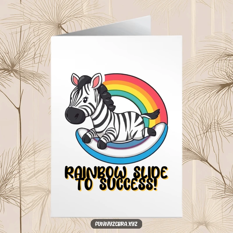 Funny Free Printable Congratulations Card: A zebra zooms down a vibrant rainbow slide, exuding pure exhilaration and joy.