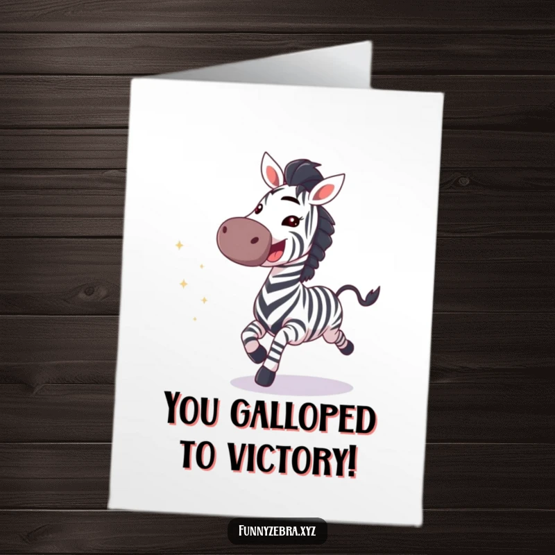 Funny Free Printable Congratulations Card: Zebra galloping with a wide smile and trailing sparkles, celebrating victory.