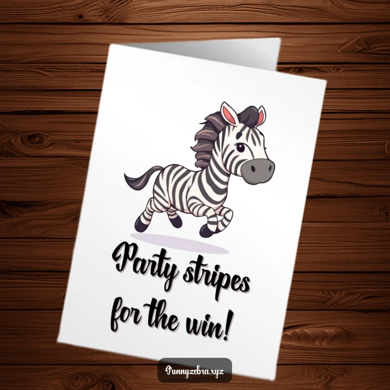 Funny Free Printable Congratulations Card: A delighted zebra gallops with incredible speed, its mane and tail adorned with trailing streamers.