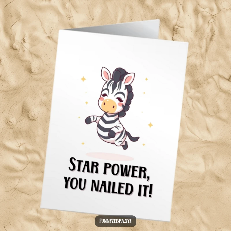 Funny Free Printable Congratulations Card: Adorable kawaii zebra joyfully hopping, scattering magical star sprinkles everywhere.