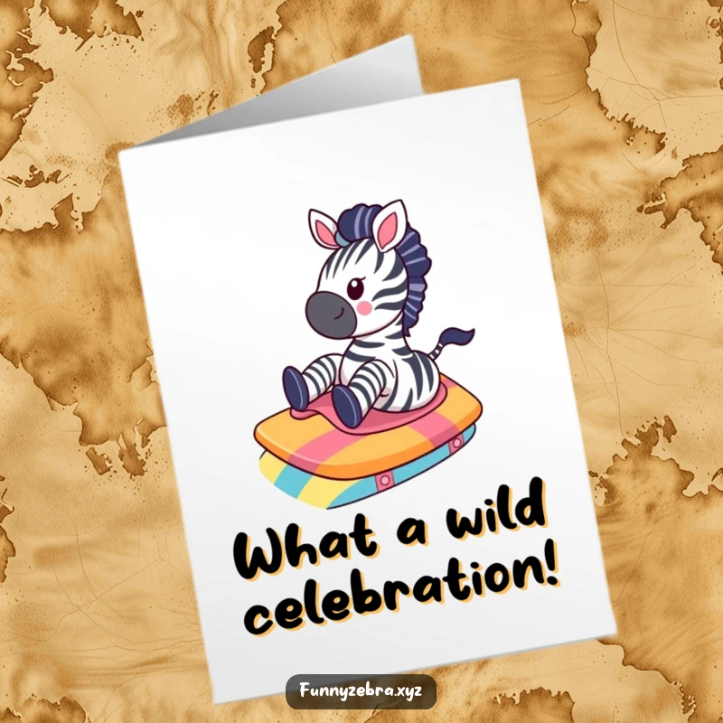 Funny Free Printable Congrats Card: Adorable kawaii zebra speeds down a colorful ramp, celebrating your big win!