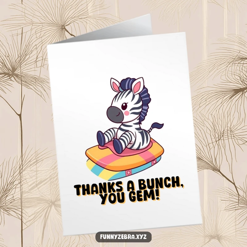 Funny Free Printable Thank You Card: Cute kawaii zebra slides express gratitude with pure joy and speed.