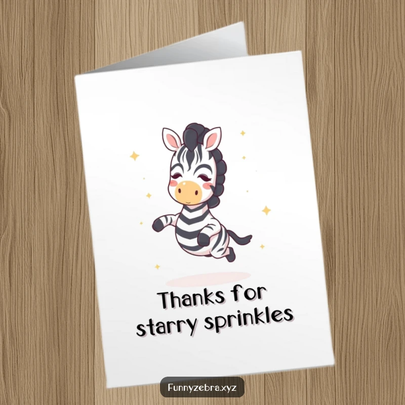 Funny Free Printable Thank You Card: Cute kawaii zebra doing a happy little hop, showering star sprinkles.