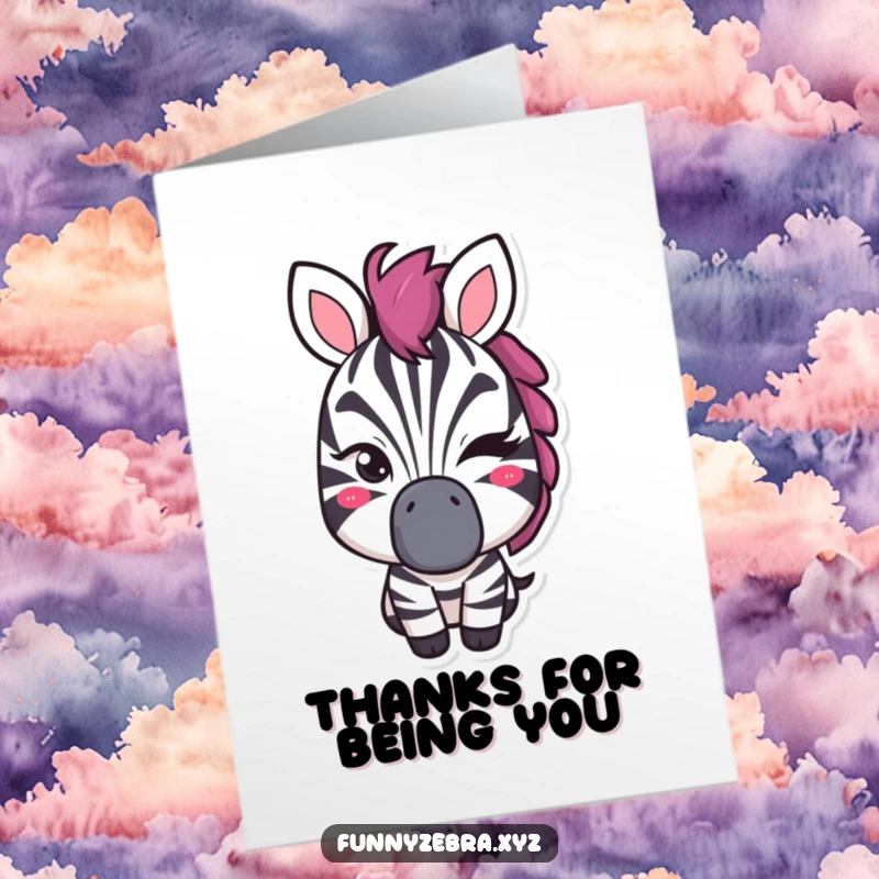Funny Free Printable Thank You Card: A stylized zebra character delivers a charming wink, conveying subtle appreciation.