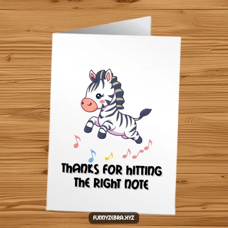 Funny Free Printable Thank You Card: Playful kawaii zebra leaping over a sparkling musical note, expressing gratitude.