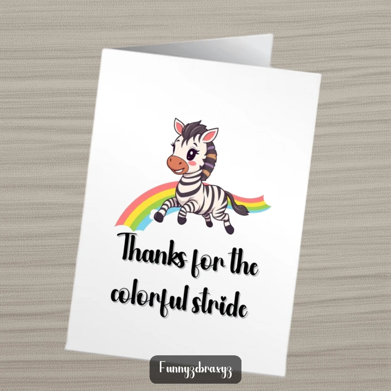Funny Free Printable Thank You Card: Adorable kawaii zebra happily galloping, leaving a bright rainbow trail.