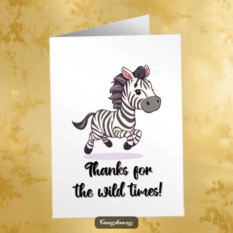 Funny Free Printable Thank You Card: A zebra gallops with joyful abandon, colorful streamers flowing behind it to express thanks.