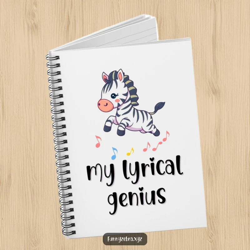 Funny Kawaii Zebra Notebook: Lined pages featuring a playful zebra leaping over a musical note, ideal for music notes, lyrics, and funny ideas.
