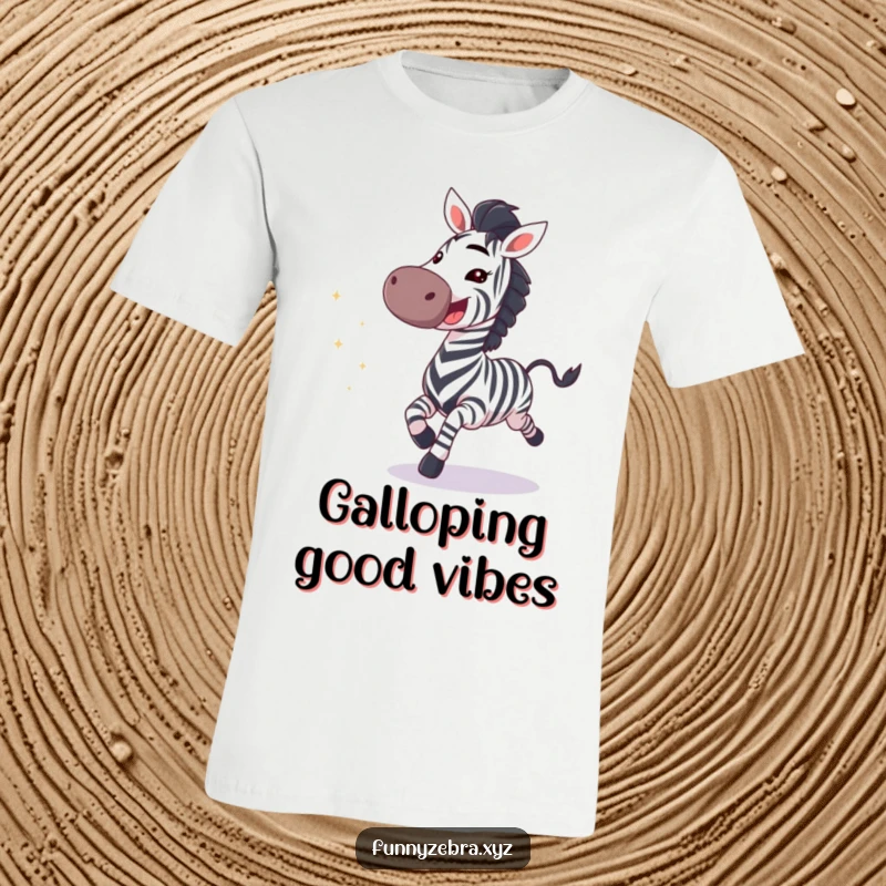 Vibrant t-shirt showcasing a funny galloping zebra with a wide, excited grin and a trail of glittering sparkles.