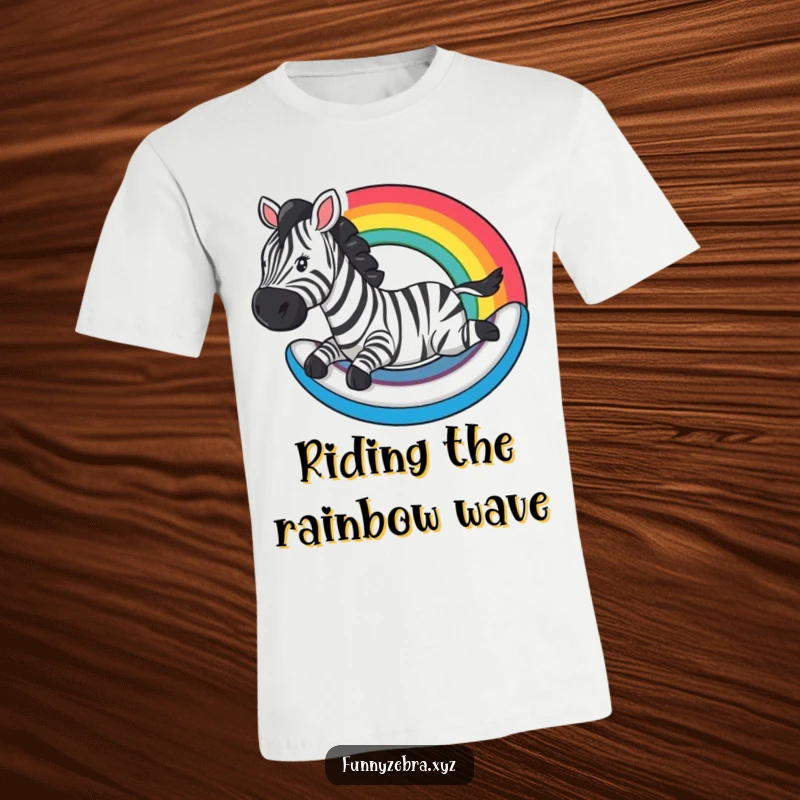 Funny T-Shirt: A zebra slides down a rainbow, embodying funny, carefree joy and colorful adventure.