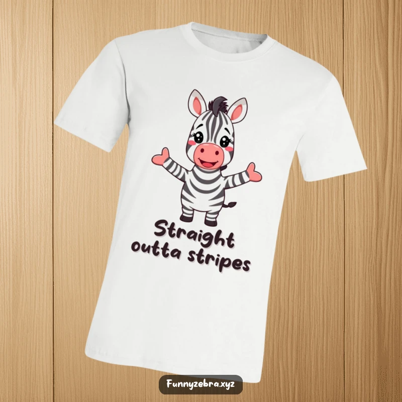 Funny t-shirt featuring a delighted zebra with arms wide open, joyfully welcoming a spectacular, arched rainbow.