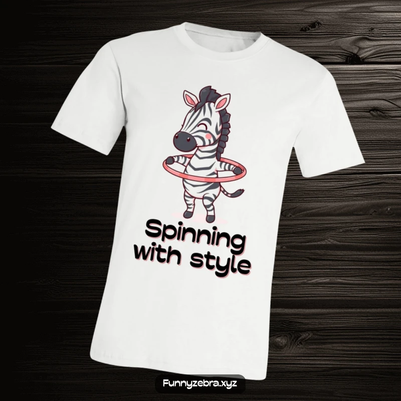 Funny t-shirt featuring an energetic zebra character skillfully hula hooping with a look of pure joy.