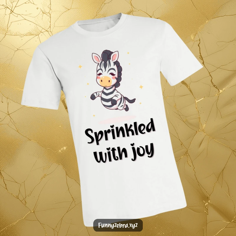 Funny Kawaii Zebra T-Shirt: A cute zebra joyfully hopping, showering with star sprinkles, embodying fun and magic in a cheerful design.