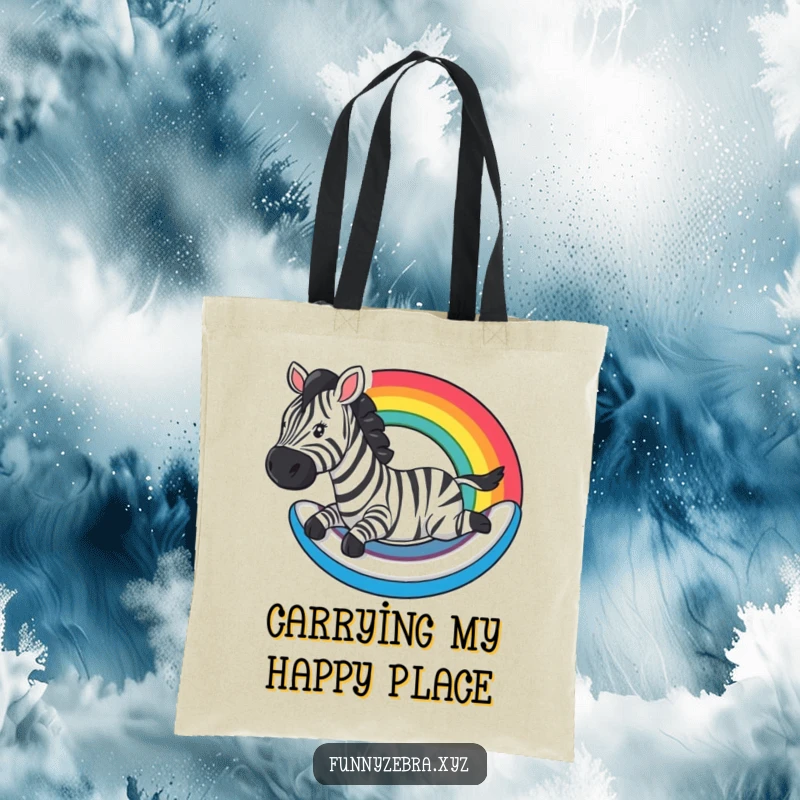 Funny Tote Bag: A zebra slides down a rainbow, a humorous and colorful accessory for carrying fun essentials.