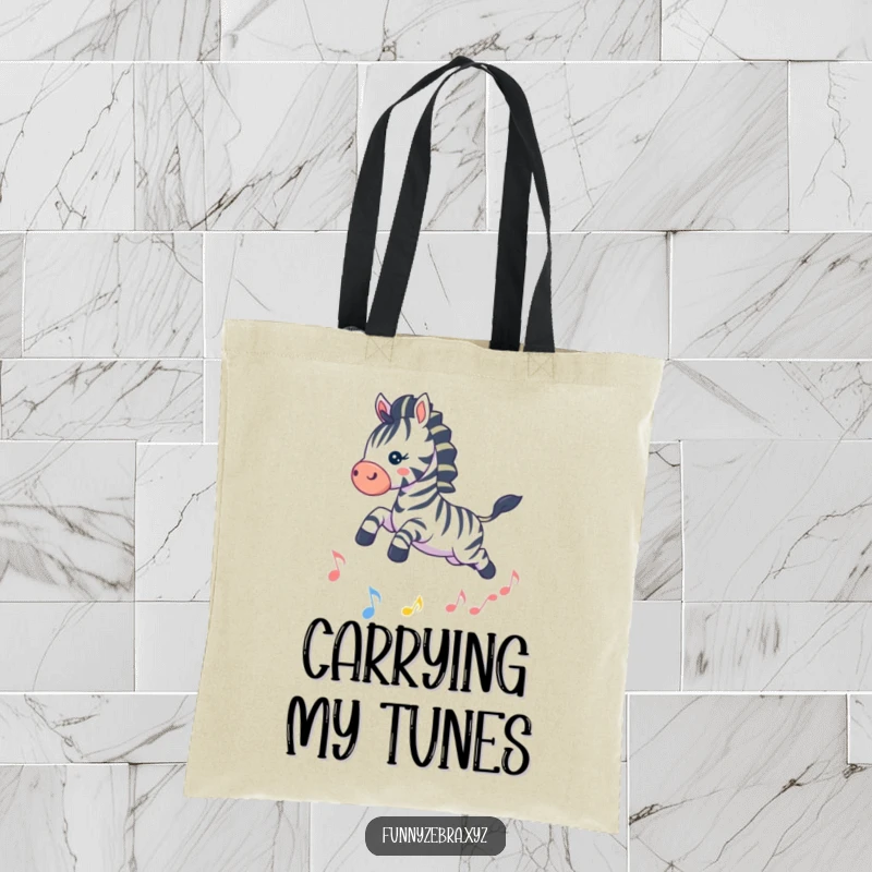 Funny Kawaii Zebra Tote Bag: Durable and cute bag featuring a playful zebra leaping over a musical note, perfect for funny errands.