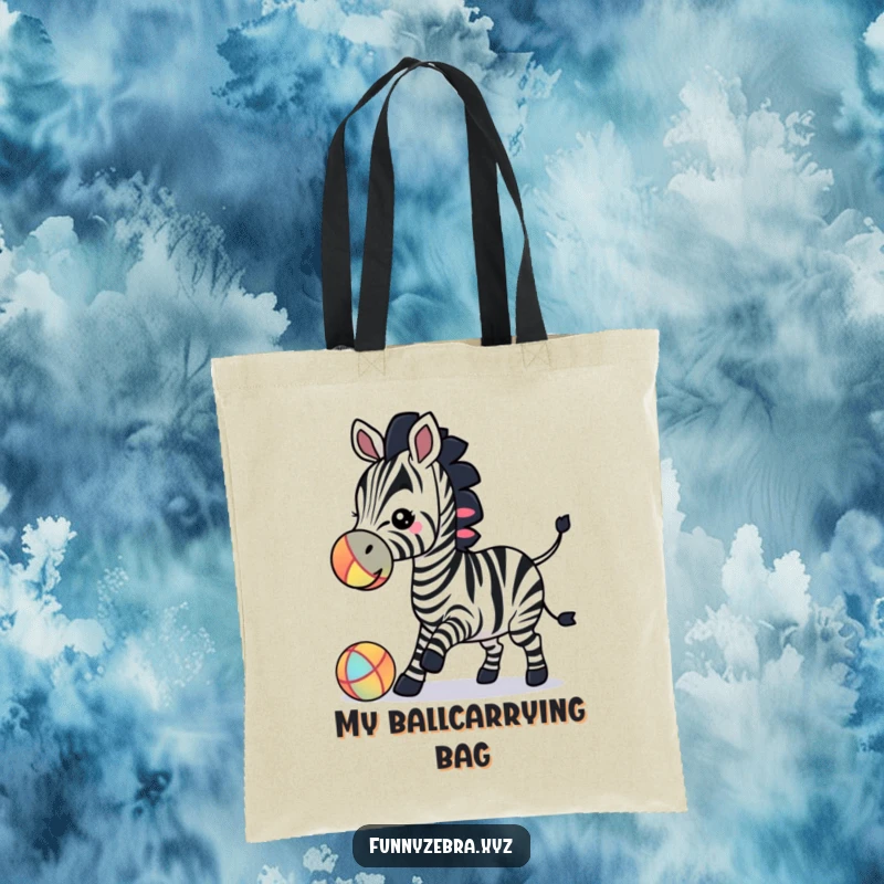 Durable tote bag featuring a funny zebra silhouette in the act of nose-bouncing a colorful ball.