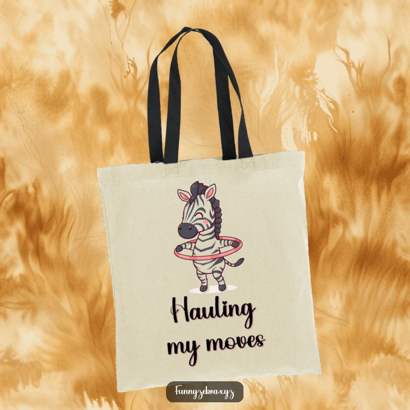 Funny tote bag with an energetic zebra character joyfully spinning a vibrant hula hoop around its body.