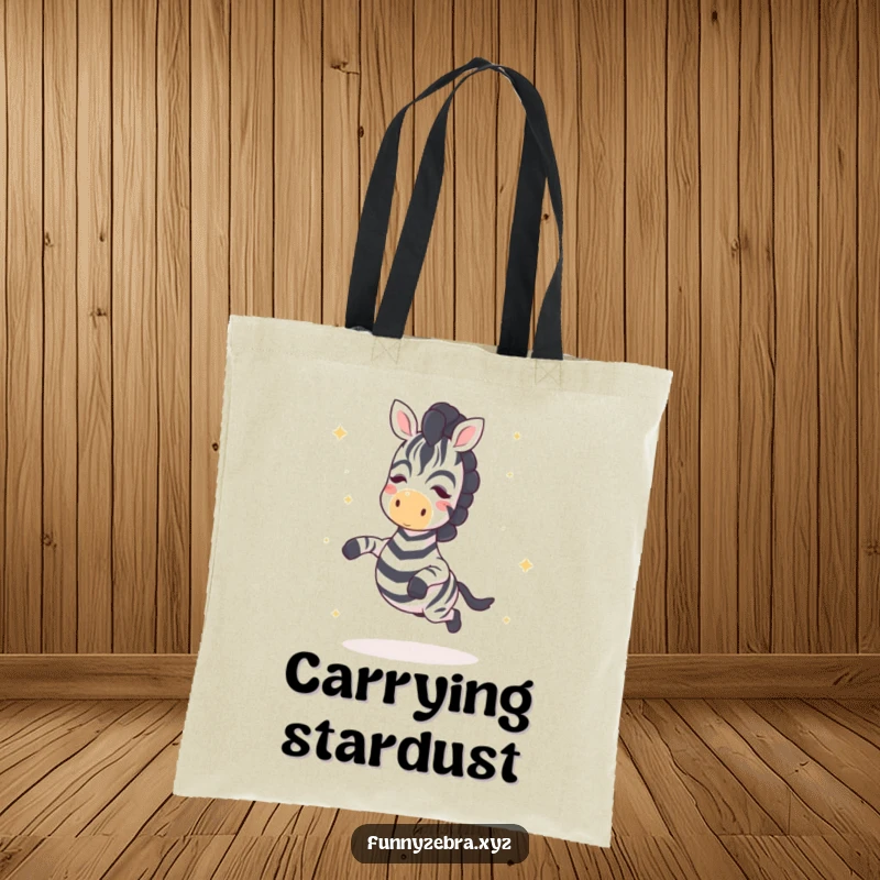 Funny Kawaii Zebra Tote Bag: Durable and cute bag featuring a cute zebra joyfully hopping with star sprinkles, perfect for funny errands.